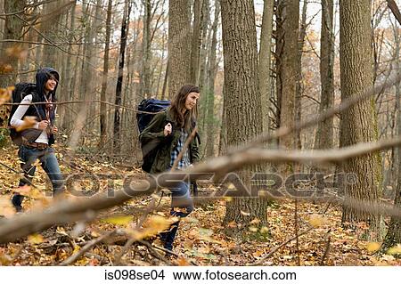 Picture - Young women hiking through forest. Fotosearch