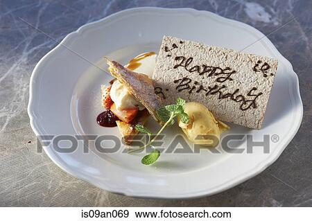 "Birthday dessert plate with ice cream, sliced fruits and pastry" View Large Photo Image Stock Photo - "Birthday dessert plate with ice cream, sliced fruits and pastry". Fotosearch