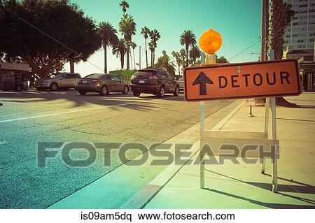 Stock Photography - "Detour roadwork sign on street, Santa Monica, California, USA". Fotosearch