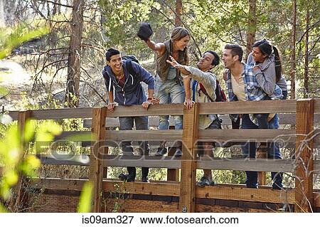 "Five young adult friends fooling around on wooden bridge in forest, Los Angeles, California, USA" View Large Photo Image Stock Photo - "Five young adult friends fooling around on wooden bridge in forest, Los Angeles, California, USA". Fotosearch
