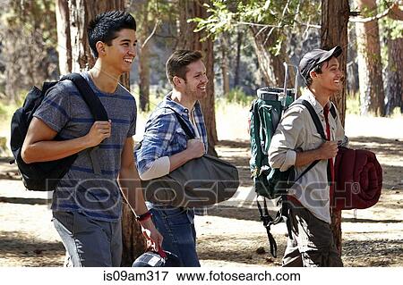 "Three young male campers walking through forest, Los Angeles, California, USA" View Large Photo Image Stock Photo - "Three young male campers walking through forest, Los Angeles, California, USA". Fotosearch