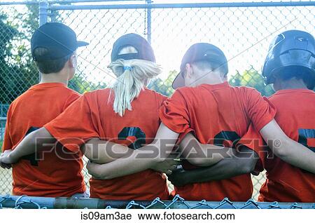 "Young baseball players with arms around each other, rear view" View Large Photo Image Stock Image - "Young baseball players with arms around each other, rear view". Fotosearch