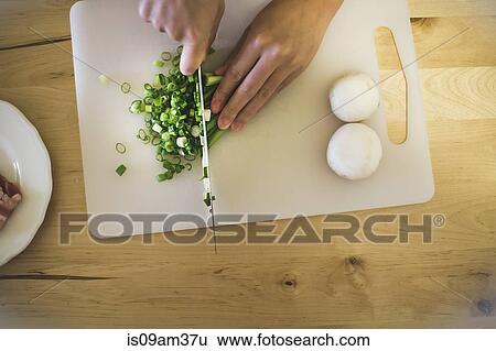 "Young woman chopping spring onions, overhead view" View Large Photo Image Stock Photograph - "Young woman chopping spring onions, overhead view". Fotosearch