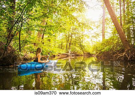 Stock Image - "Young woman kayaking on forest river, Cary, North Carolina, USA". Fotosearch