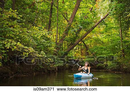 "Young woman kayaking on river in forest, Cary, North Carolina, USA" View Large Photo Image Stock Image - "Young woman kayaking on river in forest, Cary, North Carolina, USA". Fotosearch