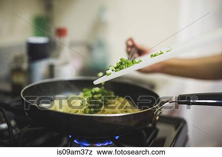Young woman pouring shopped spring onions into frying pan View Large Photo Image Stock Photo - Young woman pouring shopped spring onions into frying pan. Fotosearch