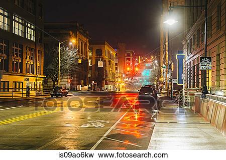 "Empty street at night, Tacoma, Washington State, USA" View Large Photo Image Stock Photo - "Empty street at night, Tacoma, Washington State, USA". Fotosearch