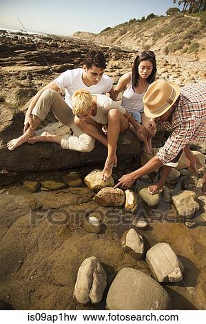 Stock Photo - "Group of friends sitting together on rocks on beach, looking in rock pools". Fotosearch