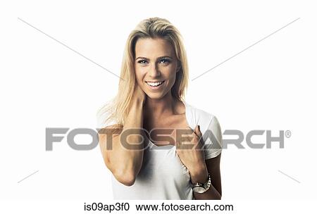 High key studio portrait of young woman with hand on her neck View Large Photo Image Stock Image - High key studio portrait of young woman with hand on her neck. Fotosearch