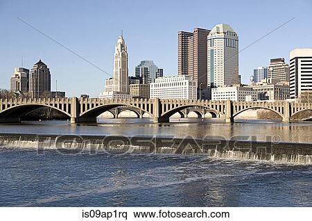 Stock Photography - "Scioto river with waterfall and Columbus Ohio skyline, USA". Fotosearch