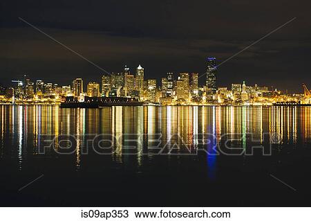 "Skyline by night, Puget Sound, Seattle, USA" View Large Photo Image Stock Image - "Skyline by night, Puget Sound, Seattle, USA". Fotosearch