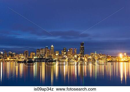 "Skyline by night, Puget Sound, Seattle, USA" View Large Photo Image Stock Photo - "Skyline by night, Puget Sound, Seattle, USA". Fotosearch