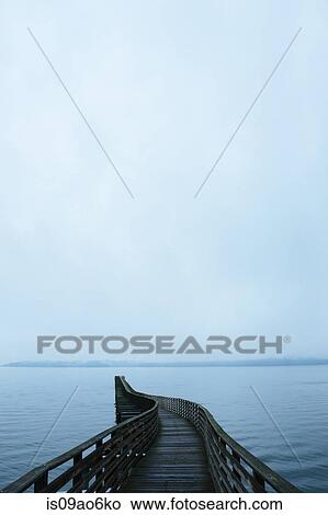 Picture - "View of winding wooden pier over Puget Sound, Seattle, Washington State, USA". Fotosearch