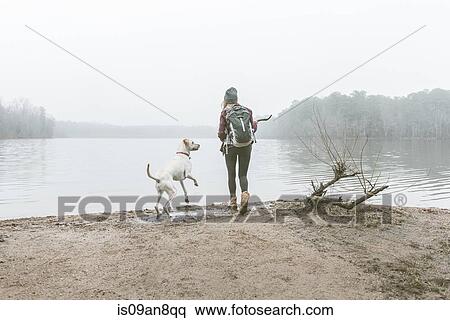 Young woman throwing stick for her dog on misty lakeside View Large Photo Image Stock Photography - Young woman throwing stick for her dog on misty lakeside. Fotosearch