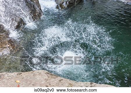 Stock Image - A splash from someone jumping into a swimming hole in the woods with a waterfall. Fotosearch
