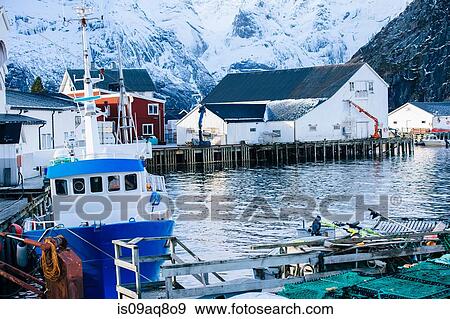 Stock Photo - "Fishing boat by dock, Reine, Norway". Fotosearch