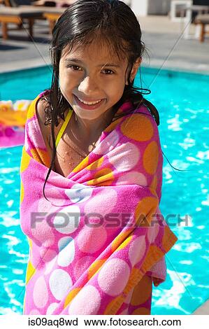 Stock Image - "Girl wrapped in towel, portrait". Fotosearch