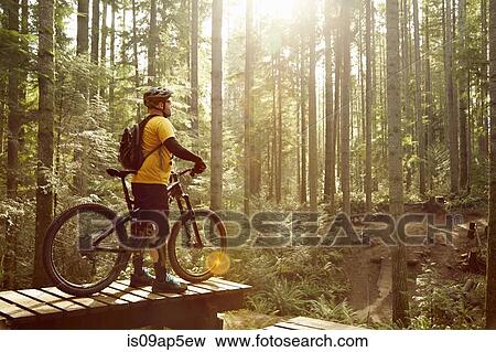 "Mature man standing with mountain bike, in forest, rear view" View Large Photo Image Stock Photo - "Mature man standing with mountain bike, in forest, rear view". Fotosearch