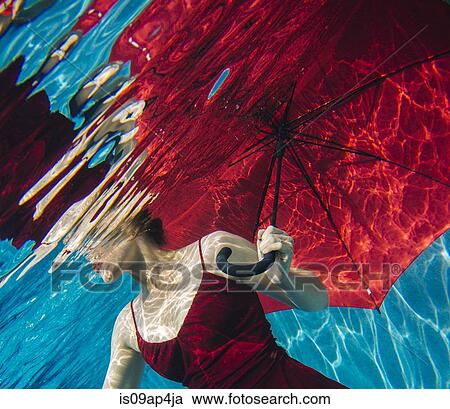 Stock Image - "Mature woman wearing red dress, holding red umbrella, underwater view, mid section". Fotosearch