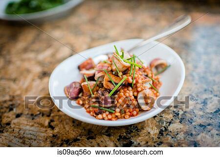 Plate of calamari and coucous on restaurant table View Large Photo Image Picture - Plate of calamari and coucous on restaurant table. Fotosearch