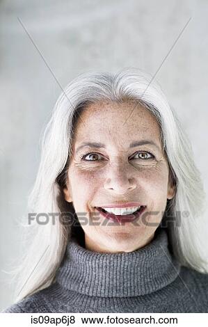 Portrait of beautiful smiling mature woman with long grey hair View Large Photo Image Stock Photo - Portrait of beautiful smiling mature woman with long grey hair. Fotosearch