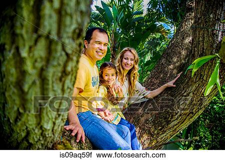 Stock Image - Portrait of mature couple and daughter sitting on garden tree branch. Fotosearch