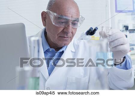 "Senior male scientist looking at flask, containing blue liquid" View Large Photo Image Stock Photography - "Senior male scientist looking at flask, containing blue liquid". Fotosearch