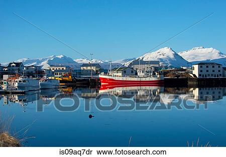 "View of fishing boats and snow covered mountains, Hofn harbor, Iceland" View Large Photo Image Stock Photography - "View of fishing boats and snow covered mountains, Hofn harbor, Iceland". Fotosearch