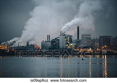 "View of industrial plant and smoke stacks at night, Tacoma, Washington, USA" View Large Photo Image Stock Photo - "View of industrial plant and smoke stacks at night, Tacoma, Washington, USA". Fotosearch