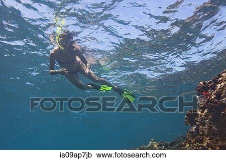 Stock Image - Woman snorkelling. Fotosearch