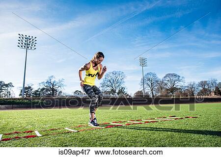 Young female athlete training with agility ladder on sports field View Large Photo Image Stock Photo - Young female athlete training with agility ladder on sports field. Fotosearch