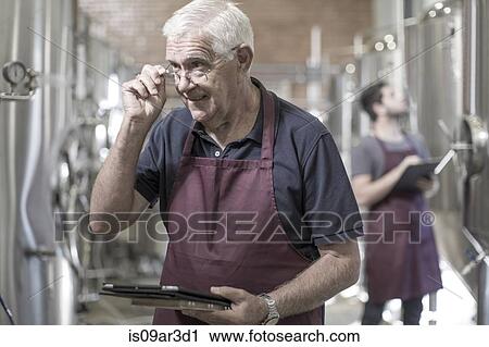 Stock Image - Brewers in brewery standing next to stainless steel tanks. Fotosearch
