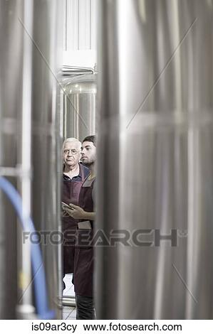 Brewers in brewery standing next to stainless steel tanks View Large Photo Image Stock Photo - Brewers in brewery standing next to stainless steel tanks. Fotosearch