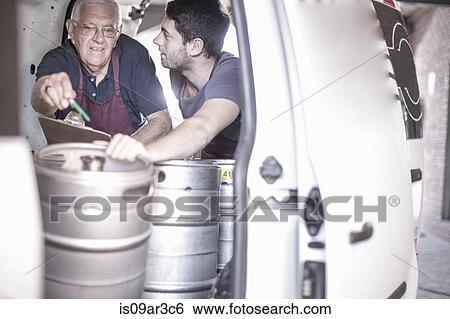 Brewers loading kegs into back of van View Large Photo Image Stock Photograph - Brewers loading kegs into back of van. Fotosearch