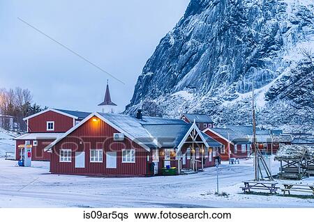 Stock Photograph - "Buildings at dusk, Reine, Lofoten, Norway". Fotosearch