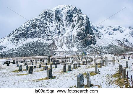 Stock Image - "Cemetery in snow, Reine, Lofoten, Norway". Fotosearch