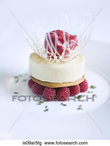 Stock Image - "Close up of dessert plate with raspberries, ice cream and sorbet". Fotosearch