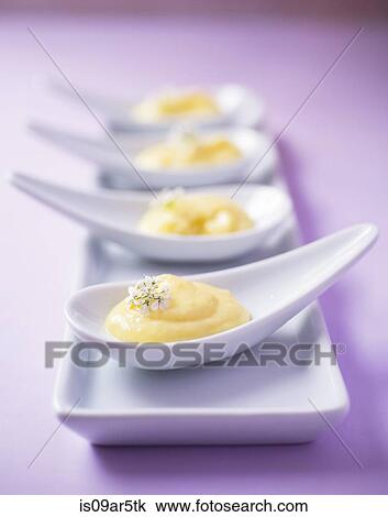 Four custard desserts on china spoons View Large Photo Image Stock Image - Four custard desserts on china spoons. Fotosearch