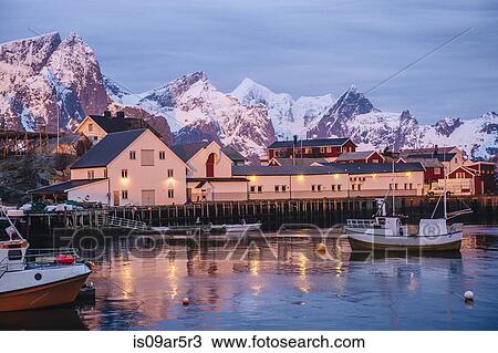 Stock Image - "Harbour at dusk, Reine, Lofoten, Norway". Fotosearch