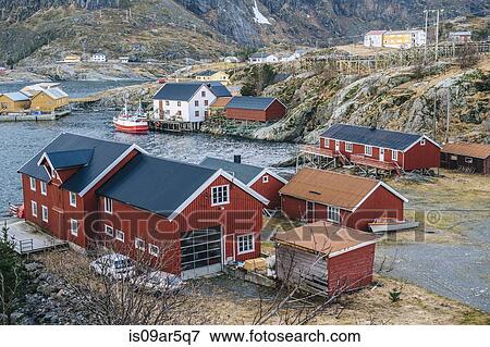 Stock Photo - "High angle view of houses in Reine, Lofoten, Norway". Fotosearch