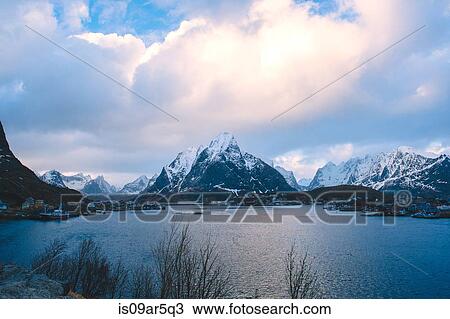 Stock Image - "Mountain scene, Reine, Lofoten, Norway". Fotosearch
