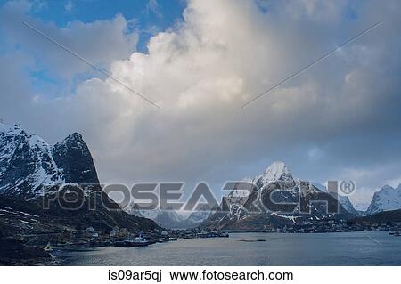 Stock Image - "Mountain scene, Reine, Lofoten, Norway". Fotosearch