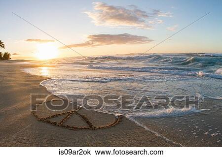 "Peace symbol drawn in sand, sunset" View Large Photo Image Stock Image - "Peace symbol drawn in sand, sunset". Fotosearch