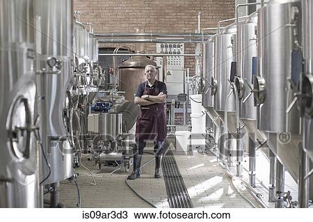 Stock Image - "Portrait of brewer in brewery, standing next to stainless steel tanks". Fotosearch