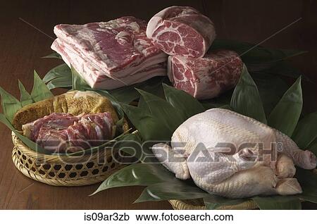 Stock Image - Raw chicken and other meat. Fotosearch