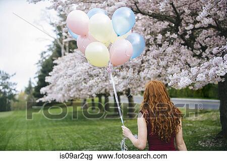 Rear view of young woman with long wavy red hair and bunch of balloons in spring park View Large Photo Image Stock Image - Rear view of young woman with long wavy red hair and bunch of balloons in spring park. Fotosearch