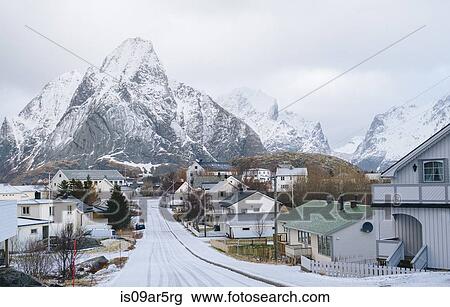Stock Image - "Snow covered road, Reine, Lofoten, Norway". Fotosearch