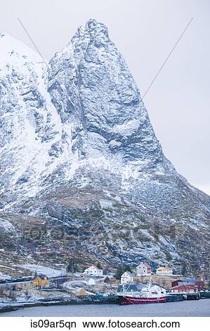 "Snowcapped mountain peak, Reine, Lofoten, Norway" View Large Photo Image Picture - "Snowcapped mountain peak, Reine, Lofoten, Norway". Fotosearch