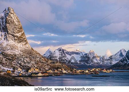 Stock Image - "Snowcapped mountains, Reine, Lofoten, Norway". Fotosearch