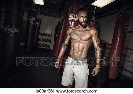 Stock Image - Tattooed male boxer poised looking sideways in gym. Fotosearch